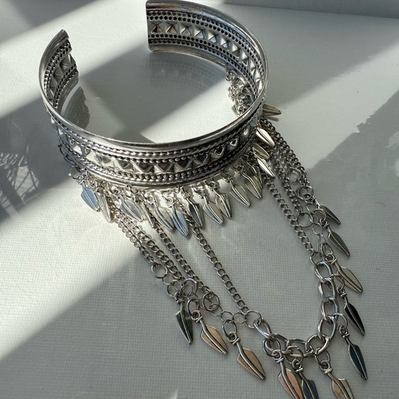 Bohemian Silver Leaf Tassel Chain Arm Cuff Bracelet ✨ - Picture 6 of 7
